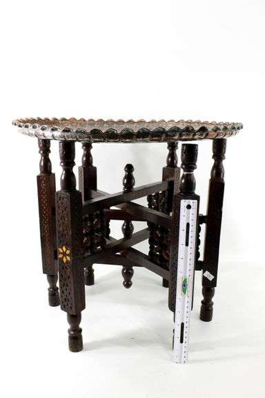 Moroccan Tray Table - Chinoiserie Wood Base with Handcrafted Metal Art Tray