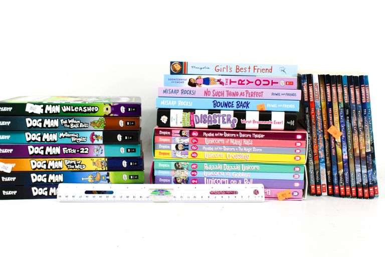 Books:  Dog Man by Dav Pilkey (Multiple Volumes) - and - Unicorn Books by Simpson (Multiple Volumes) - and - More