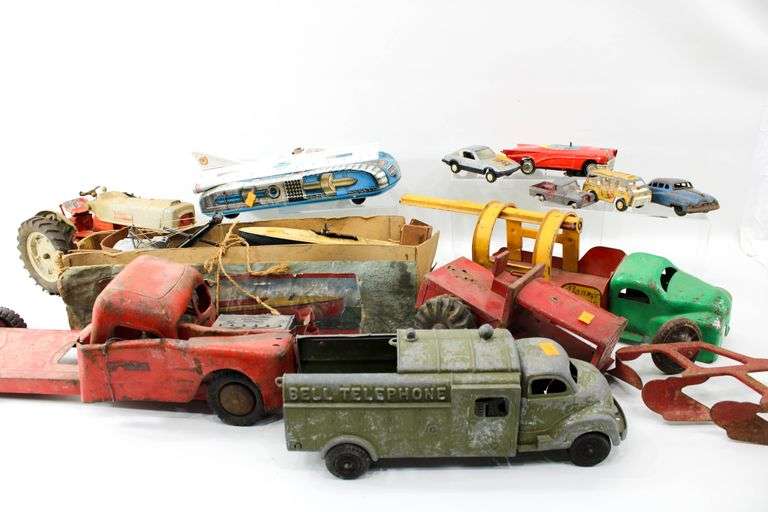 Vintage Toys:  Hubley Metal Toy Ford Tractor - and - Hornby Wind-Up Speed Boat with Distressed Box - and - Structo Fireball Motor - and - 1940s Banner Pressed Steel Toy Tow Truck Banner Wrecking Service #1141 Found as Rare - and - 1960s Lemezaru Gyar Holdauto Atomic Race Car Rocket Tin Litho Toy Made in Hungary - and - More