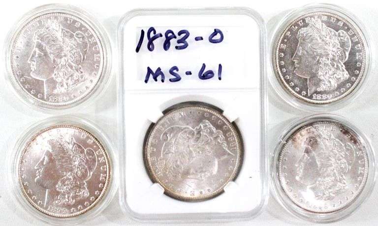 New Orleans Mint Morgan Silver Dollars. 1880 "O" , 1880 "O", 1883 "O", 1898 "O" , and 1899 "O" , Morgan Silver Dollars - Marked Uncirculated 5 items.