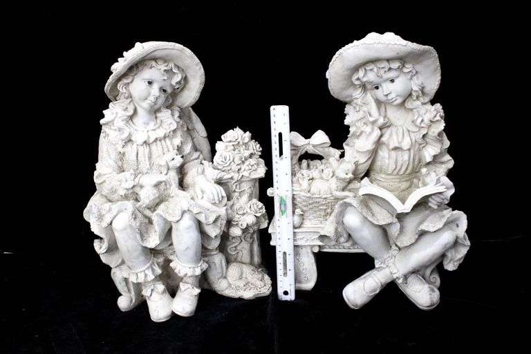 Girls with Flowers on a Bench Composition Figurines - Pair - Approx. 17 x 10 x 9 each