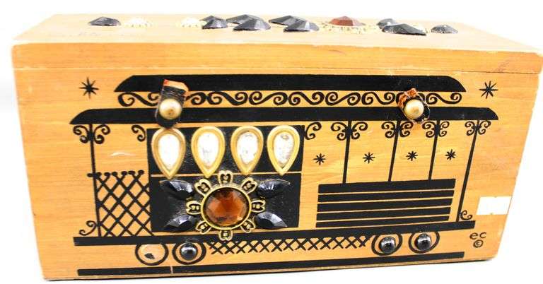 Enid Collins Original Box Bag (Collins of Texas) Vintage Wooden Box Handbag Embellished with Stones & Beads, Trolley Streetcar Design