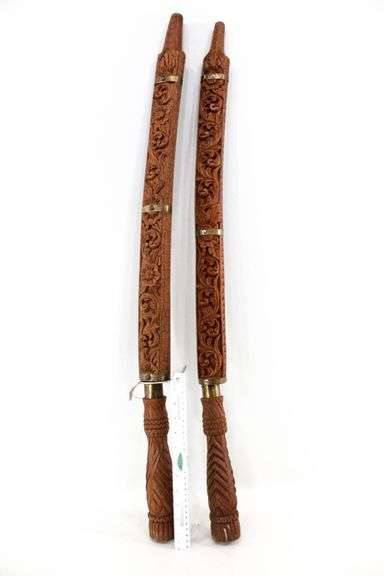 Traditional Thai Dha Swords with Intricately Carved Sheaths - Pair
