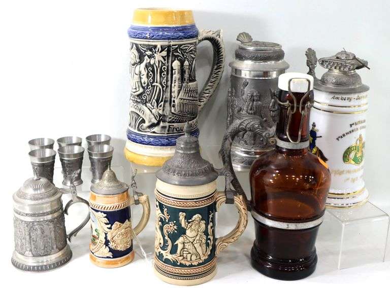 Vintage Barware:  Pewter / Metal Steins and Shots, Glass Beer Bottle with Handle Accessory, and More
