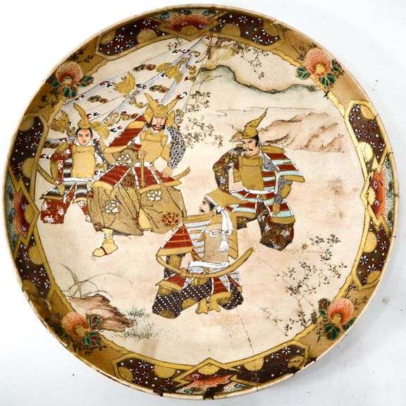 Antique Japanese Meiji period Satsuma earthenware charger , No marks on reverse , Has ancient repair with nickel silver staples , Depicts Samurai preparing to Parlay
