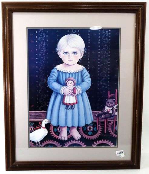 Betty McCool "Little Girl with Doll" signed limited edition print 645/1500, framed 34" x 28"
