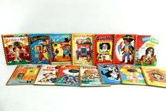 Vintage Young Readers Books.  Walt Disney's Jiminy Cricket Fire Fighter A Mickey Mouse Club Book, The three billy Goats Gruff, A Little Golden Book "Lassie" and the daring Rescue, Annie Oakley Sharpshooter & More. FRONT LEFT WALL