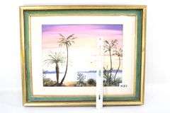 Original watercolor tropical scene, framed 17" x 21"