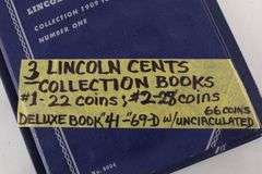 Three Lincoln Cents Collection Books. One book has 22 Coins, the second 28 coins, and the Deluxe book has 66 coins 1941-1969 "D", some uncirculated and steel cents included. 116 Coins Total