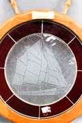 Stained Glass Sailing Ship Centerpiece in Wooden Ship's Wheel Frame - 21" Dia