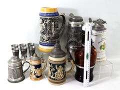 Vintage Barware:  Pewter / Metal Steins and Shots, Glass Beer Bottle with Handle Accessory, and More