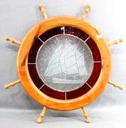 Stained Glass Sailing Ship Centerpiece in Wooden Ship's Wheel Frame - 21" Dia