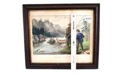 "Salmon Fishing" vintage Currier & Ives print, framed 14" x 16"