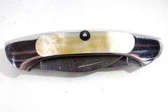 Sterling Custom 3 3/4 Canoe Knife , 2 Damascus steel blades  , 416SS frame and Gold Lip Mother Of Pearl inlay with carbon fiber insert  , Originally $500