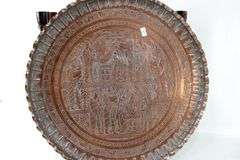 Moroccan Tray Table - Chinoiserie Wood Base with Handcrafted Metal Art Tray