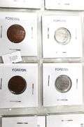 Coin Collection ,. Foreign coins , treasury mint set medallions , and wartime steel pennies