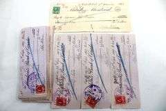 Antique Canadian Bank checks and inter bank transfer slips with Postage and excise stamps , Circa 1914 - 1924 , 100's of items
