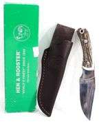 Hen and Rooster , German Stainless steel fixed blade knife with leather scabbard