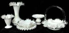 Fenton Glass - Silver Crest Ruffled Edge Milk Glass Art Glass Basket, Vases, and More