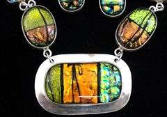 Barbie Koncher Signed Sterling Silver 'Popsicle" Dichroic Glass Necklace with a $400 Tag, and  Matching Earrings.  One in need of a Post.