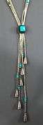Liquid Silver lariat Necklace threaded with Turquoise, adjustable.