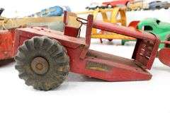 Vintage Toys:  Hubley Metal Toy Ford Tractor - and - Hornby Wind-Up Speed Boat with Distressed Box - and - Structo Fireball Motor - and - 1940s Banner Pressed Steel Toy Tow Truck Banner Wrecking Service #1141 Found as Rare - and - 1960s Lemezaru Gyar Holdauto Atomic Race Car Rocket Tin Litho Toy Made in Hungary - and - More