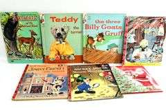Vintage Young Readers Books.  Walt Disney's Jiminy Cricket Fire Fighter A Mickey Mouse Club Book, The three billy Goats Gruff, A Little Golden Book "Lassie" and the daring Rescue, Annie Oakley Sharpshooter & More. FRONT LEFT WALL