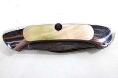 Sterling Custom 3 3/4 Canoe Knife , 2 Damascus steel blades  , 416SS frame and Gold Lip Mother Of Pearl inlay with carbon fiber insert  , Originally $500