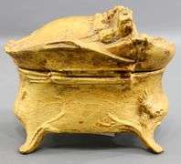 Gilded cast metal vintage pin cushion and lined Trinket Box.