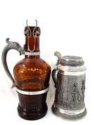 Vintage Barware:  Pewter / Metal Steins and Shots, Glass Beer Bottle with Handle Accessory, and More