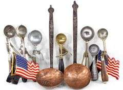 Vintage license plate flag toppers , Ice Cream Scoops by "Dairy Fresh", Benedict Indestructo, Scoop Rite Pat. Pend., and Other - and - Copper and Wrought Handle Ladles, and More