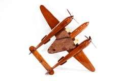 Mahogany (Believed to be) Wood P-38 Lightning WWII Fighter Twin-Boom, Twin-Engine Desktop Model Airplane