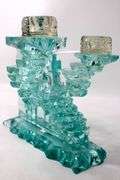Signed - Yehuda Parmat UDA Israeli Stacked Art Glass Sculptural Candleholder.  9x10