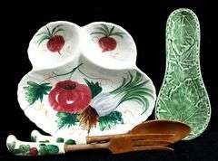 Divided Serving Dish / Wooden Salad Serving Ware Made in Italy &  Olfaire Green Leaf Spoon Rest Made in Portugal.