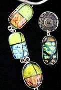 Barbie Koncher Signed Sterling Silver 'Popsicle" Dichroic Glass Necklace with a $400 Tag, and  Matching Earrings.  One in need of a Post.
