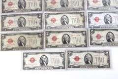 1928 Red Seal $2 United States Notes. Mixed Series.  Marked 'Low Grade Circulated'. 20 items