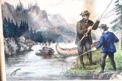 "Salmon Fishing" vintage Currier & Ives print, framed 14" x 16"