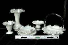 Fenton Glass - Silver Crest Ruffled Edge Milk Glass Art Glass Basket, Vases, and More