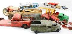 Vintage Toys:  Hubley Metal Toy Ford Tractor - and - Hornby Wind-Up Speed Boat with Distressed Box - and - Structo Fireball Motor - and - 1940s Banner Pressed Steel Toy Tow Truck Banner Wrecking Service #1141 Found as Rare - and - 1960s Lemezaru Gyar Holdauto Atomic Race Car Rocket Tin Litho Toy Made in Hungary - and - More
