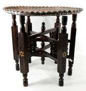 Moroccan Tray Table - Chinoiserie Wood Base with Handcrafted Metal Art Tray