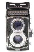 Vintage Cameras:  Baldessamat-F 35mm Film Camera (Made 1958 to 1967) - and - Ricoh Twin Lens Reflex Camera Seikosha-SLV 120 Film - and - Yashica Electro 8 YXL-Zoom 25 Magnetic Release Silent Super 8 (Marketed 1974)