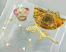 Unusual hand wrought copper Brooch with a French coin, signed by the artist.   Gilt Sterling Silver Pearl station Bracelet;  Sterling Silver crown Brooch.  And a glistening  little lizard.