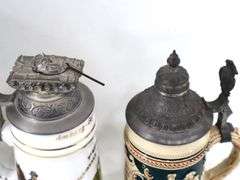 Vintage Barware:  Pewter / Metal Steins and Shots, Glass Beer Bottle with Handle Accessory, and More