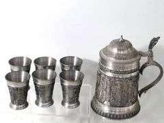 Vintage Barware:  Pewter / Metal Steins and Shots, Glass Beer Bottle with Handle Accessory, and More