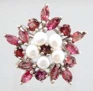 Garnet (tested), Genuine Pearl, and Sterling Silver Ring, size 6.