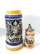 Vintage Barware:  Pewter / Metal Steins and Shots, Glass Beer Bottle with Handle Accessory, and More