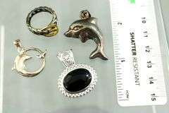Sterling Silver Dolphin Pendants,  an oval Onyx Sterling Pendant and a Sterling buckle Ring, size 5