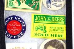 Vintage Advertising Pocket Mirrors in Shadow Box Display - "John Deere" and "Dr. Pepper" and "White House Coffee" and More