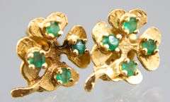 10 KT Gold Emerald studded clover Earrings.  Not marked, tests as 10K, Please Preview for Confirmation