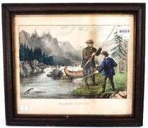 "Salmon Fishing" vintage Currier & Ives print, framed 14" x 16"